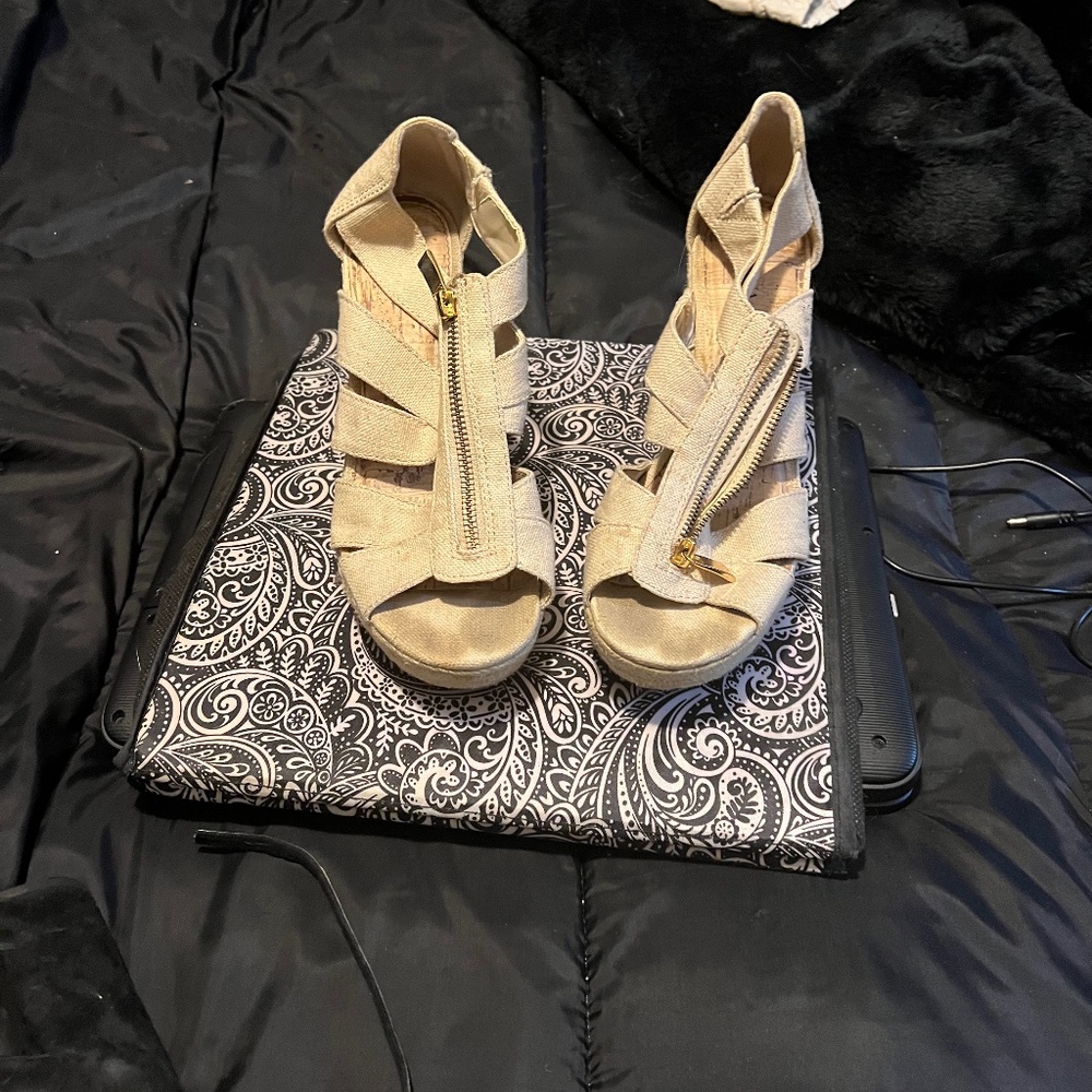 Women’s tan zip wedge